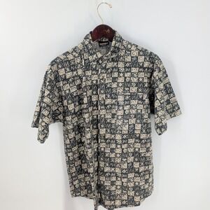 Vtg 90's Hutspah Short Sleeve All Over Print Button-Up Shirt Gray Beige Size S